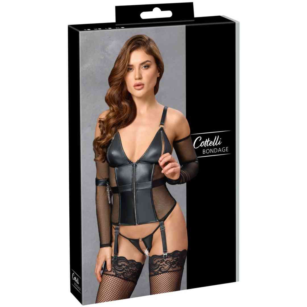 Dessous-Set mit Strapshemd, String ouvert, Armstulpen und Armfesseln.