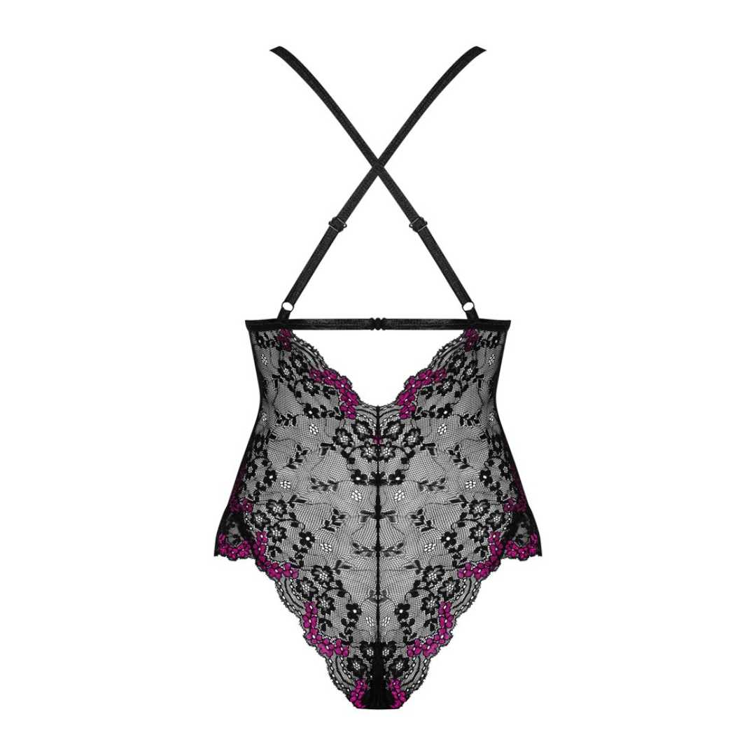 Schwarzer Body mit weinroten Elementen