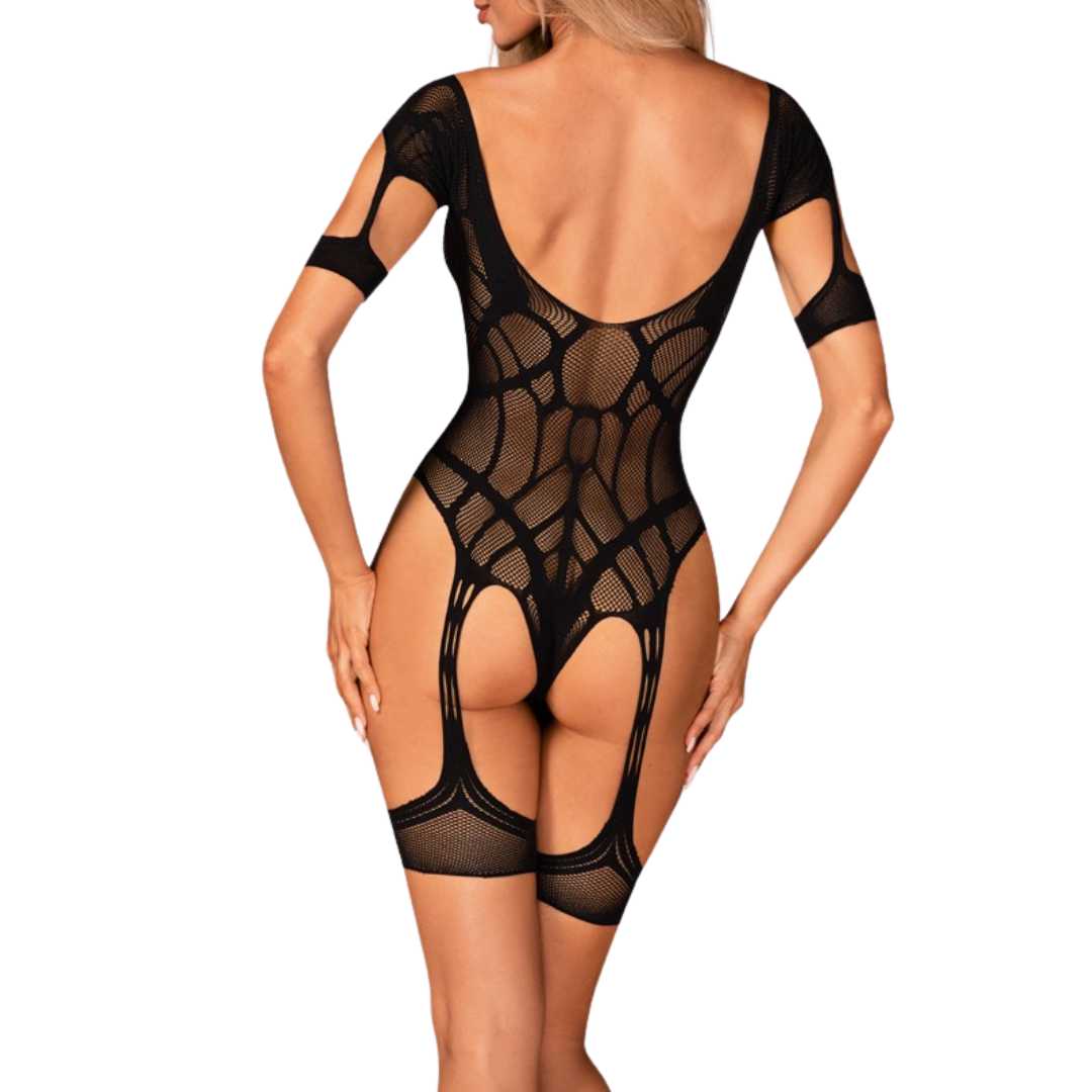 Netz-Body mit Strumpfhalter-Design und tiefem Ausschnitt am Rücken