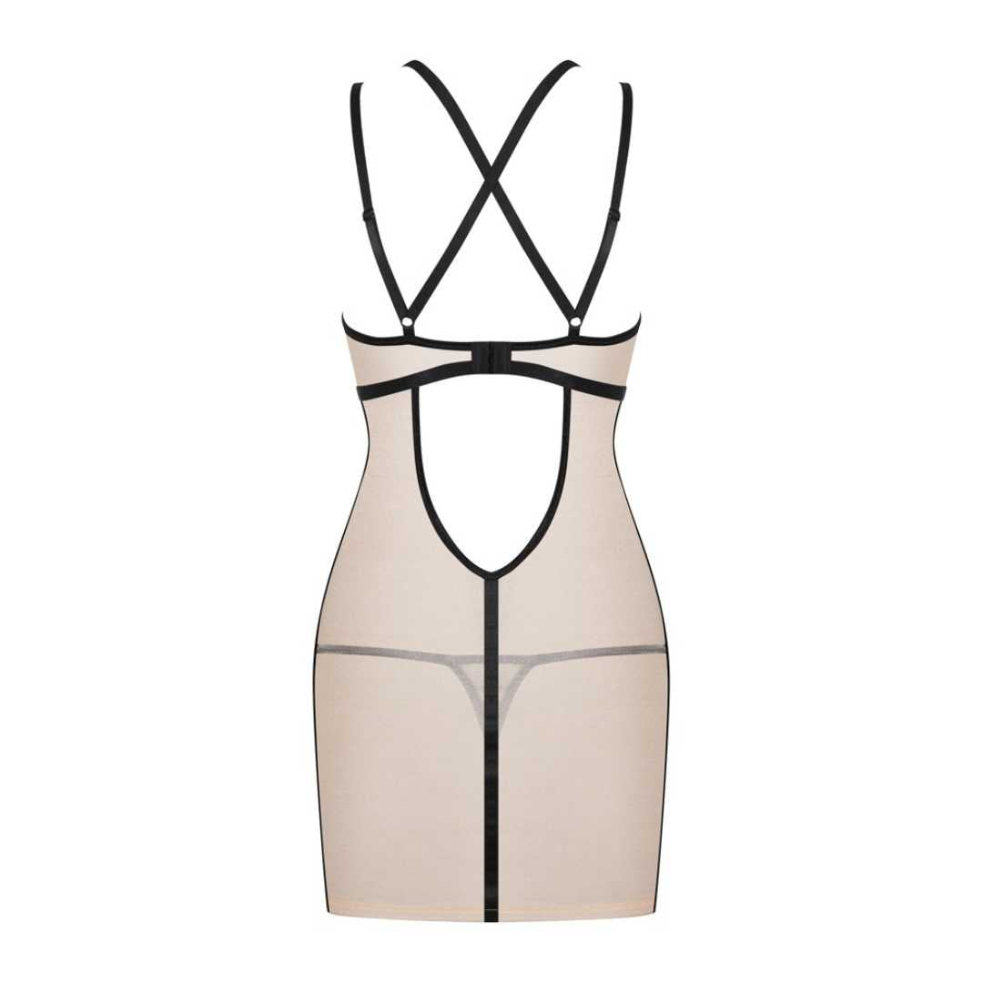 Nudefarbenes Dessouskleid mit goldenem Faden und Kontrastdetails