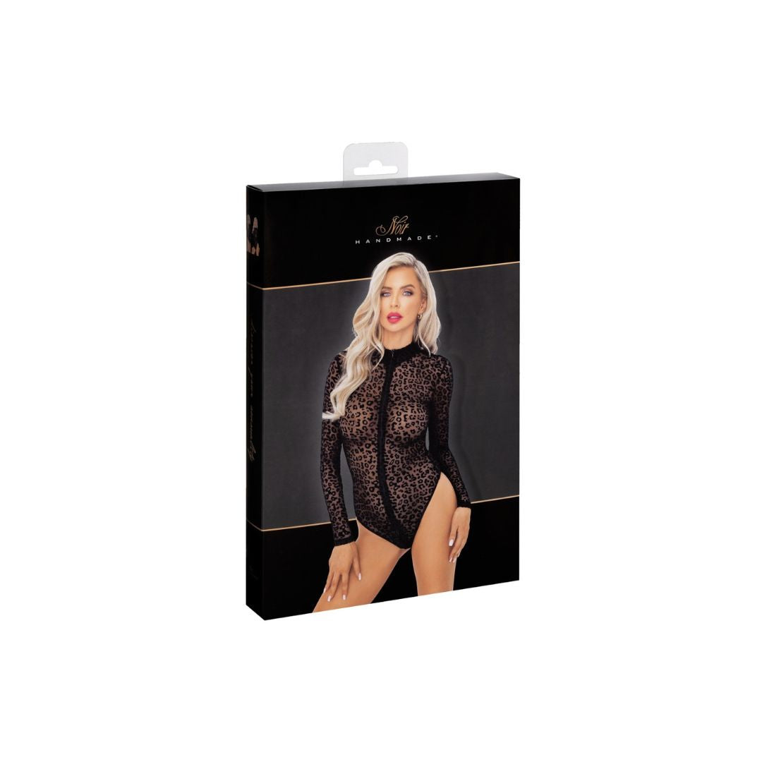 Langarm Stringbody Ouvert mit Leo-Samtflockprint - OH MY! FANTASY