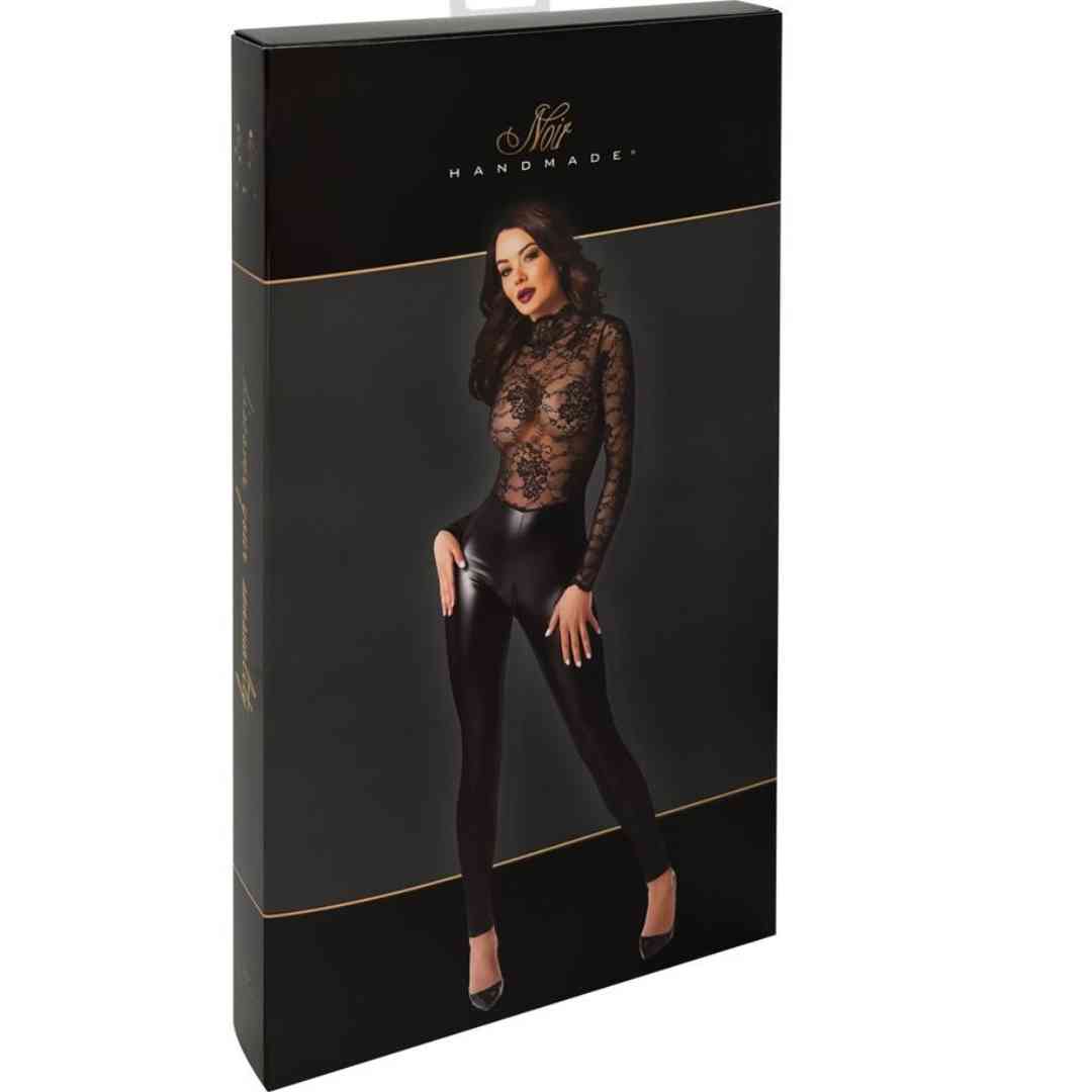 Exklusiver schwarzer Langarm-Overall, Spitze und Powerwetlook,Dessous von Noir