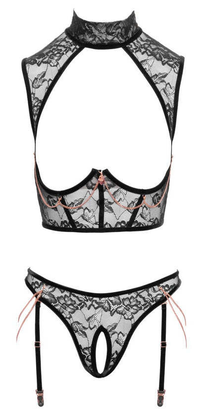 Ouvert-Set mit Top & Straps-Slip mit Blütenspitze