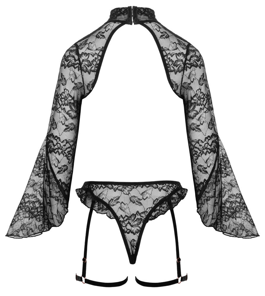 Ouvert-Set mit Bolero-Top & Straps-Slip mit Spitze und feinem Samt