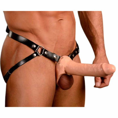 Hohler Naturdildo mit Leder Harness, Hoden frei