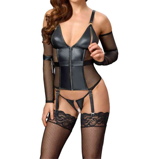 Dessous-Set  mit Strapshemd, String ouvert, Armstulpen und Armfesseln.