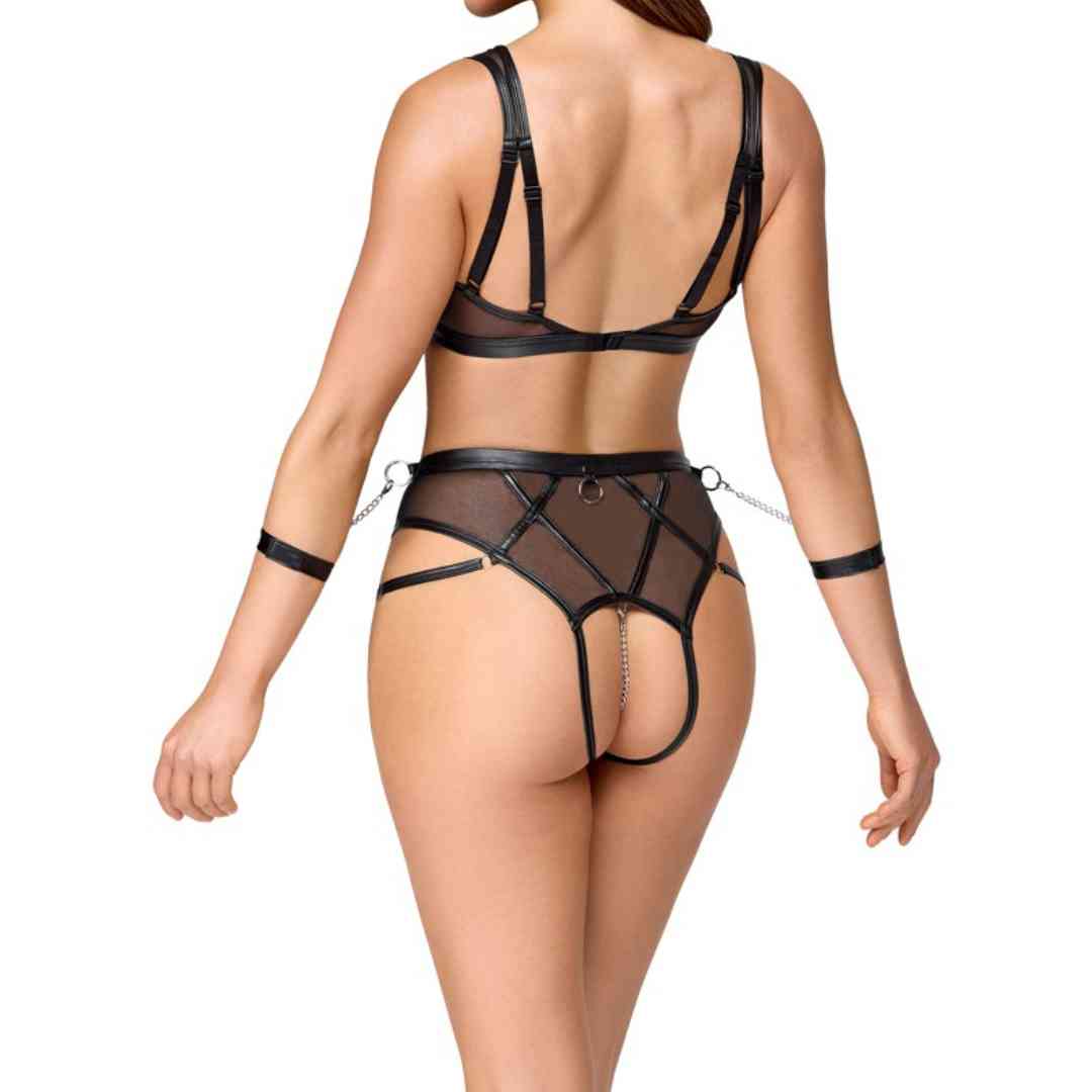 Schwarzes Set von Cottelli BONDAGE mit Soft-BH, Taillenslip ouvert und zwei soften Handfesseln.