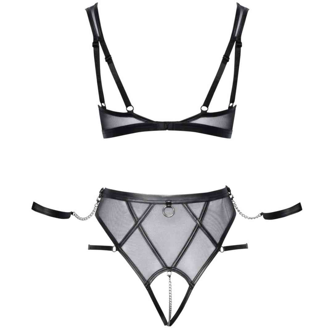 Schwarzes Set von Cottelli BONDAGE mit Soft-BH, Taillenslip ouvert und zwei soften Handfesseln.