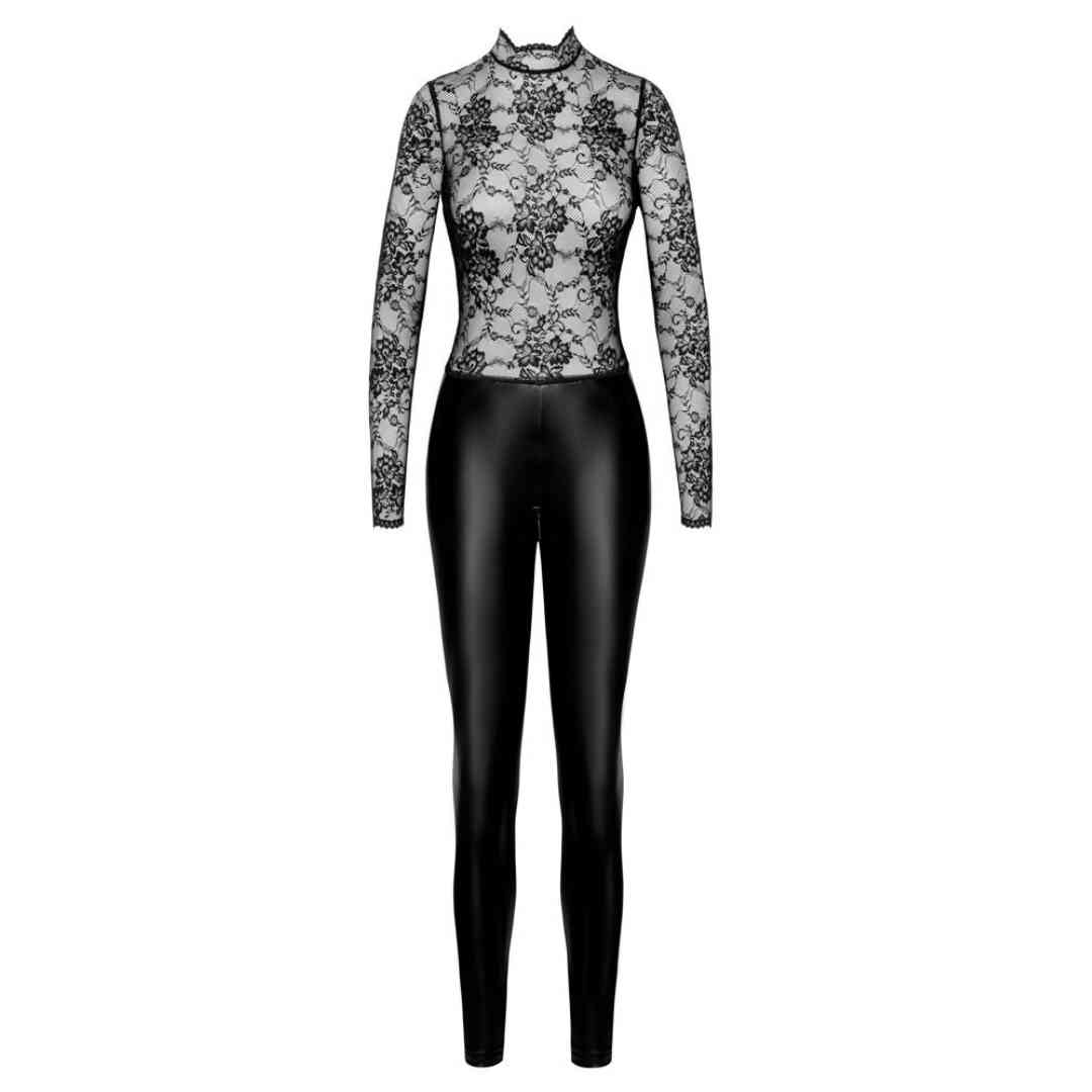 Exklusiver schwarzer Langarm-Overall, Spitze und Powerwetlook,Dessous von Noir