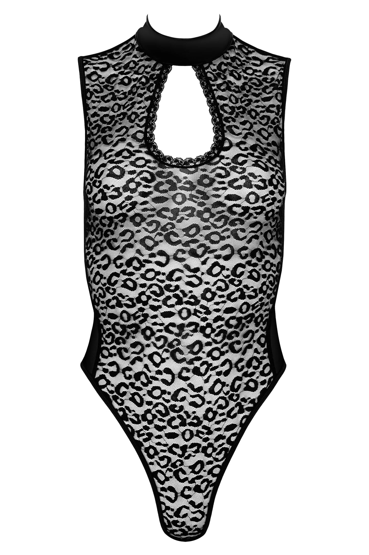 Ärmelloser Body im Wetlook mit feiner Spitze