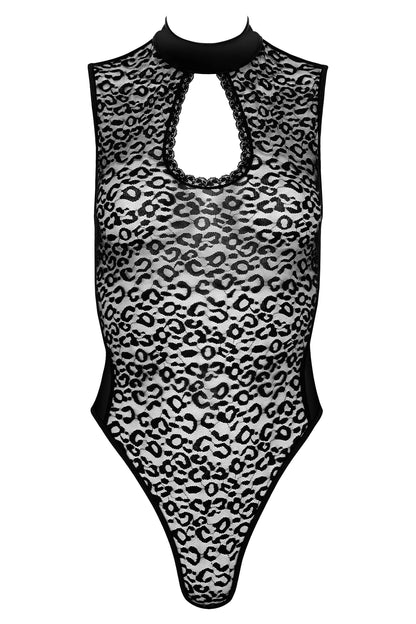 Ärmelloser Body im Wetlook mit feiner Spitze