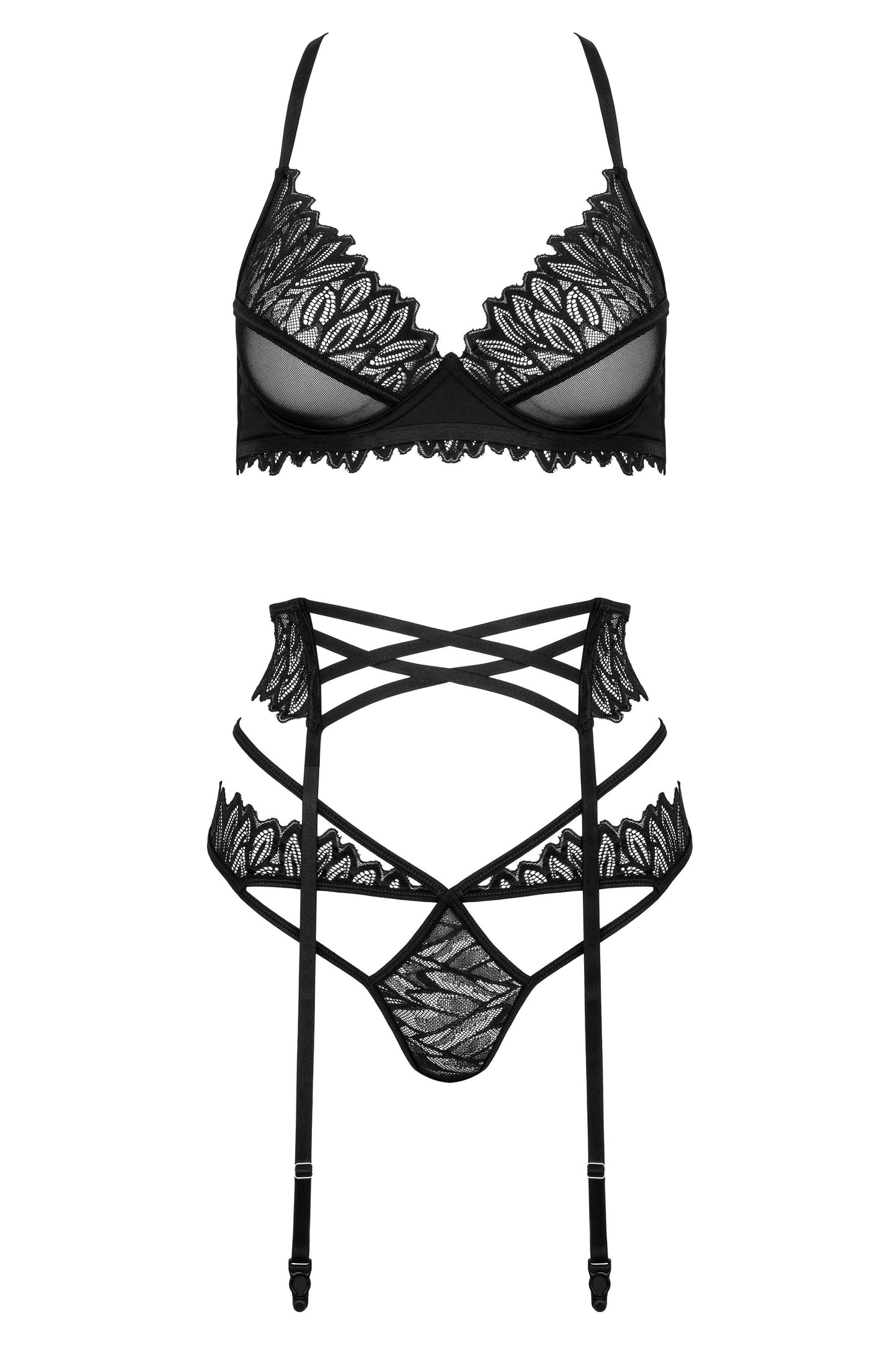 3-teiliges Dessous-Set mit BH, Strapsgürtel und String