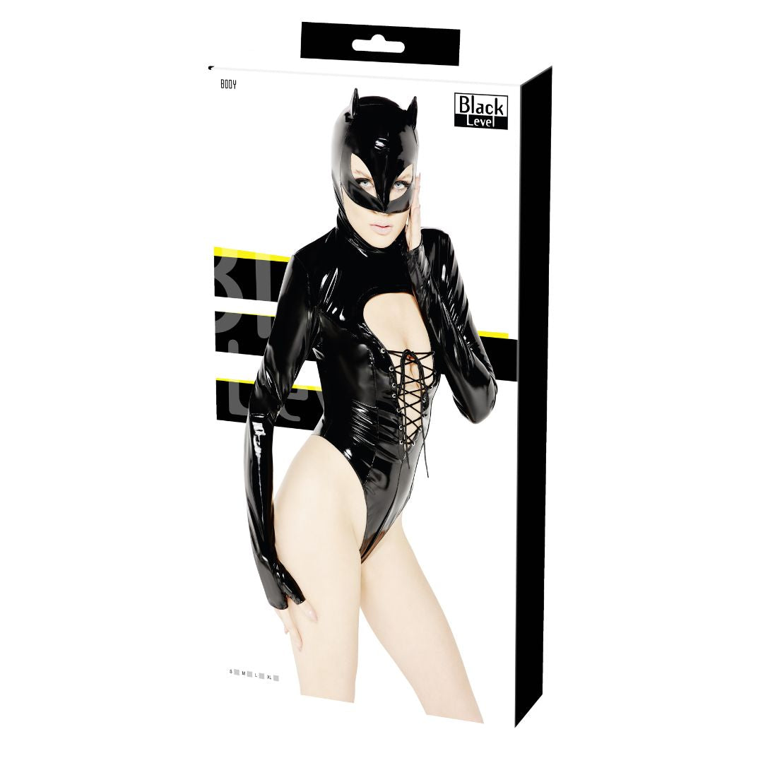 Body aus Lack mit angenähter Kopfmaske im Cat/Batwoman-Style
