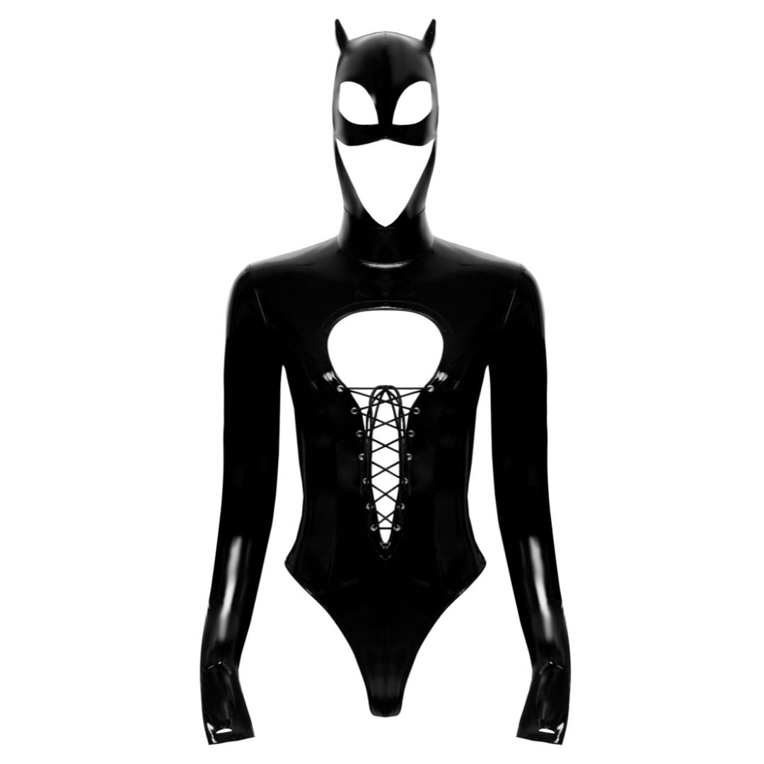 Body aus Lack mit angenähter Kopfmaske im Cat/Batwoman-Style