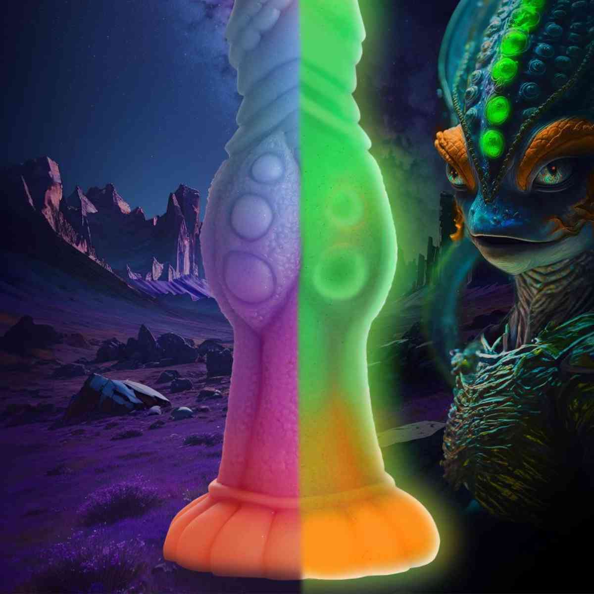 Abbildung Alien Dildo "Glow in the Dark" im Hellen und im Dunkeln