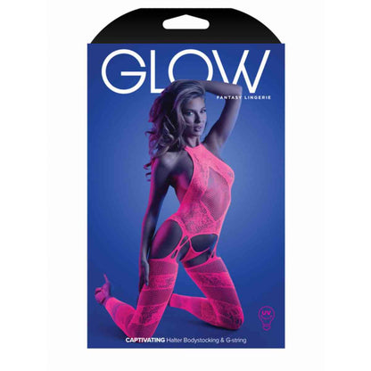 Verpackung Frau in sexy pinkem Neon-Netz Bodystocking mit Neckholder