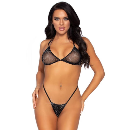 Leg Avenue - Netz-Bikinioberteil und String mit Strasssteinen