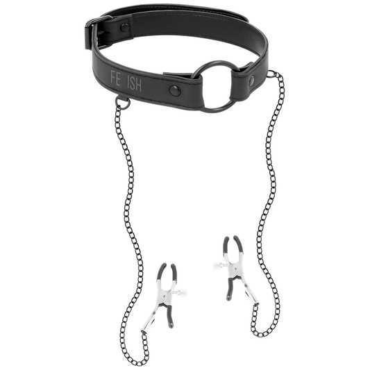 Fetish Submissive - Knebelring mit Nippelklemmen