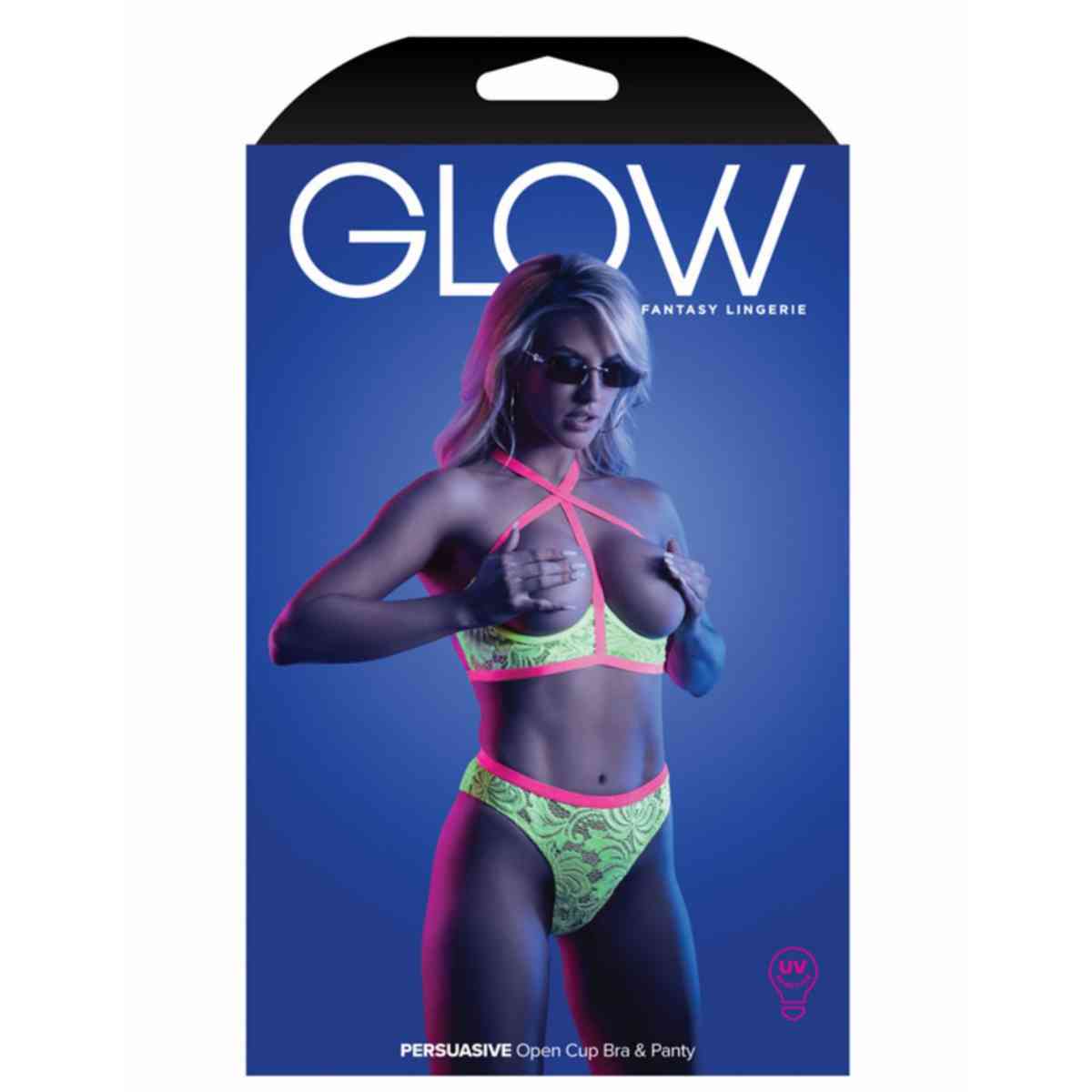 Verpackung Frau in sexy Neon-BH mit offenem Cup und Panty 