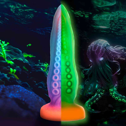 Abbildung Tentakel Dildo "Glow in the Dark" im Hellen und Dunkeln