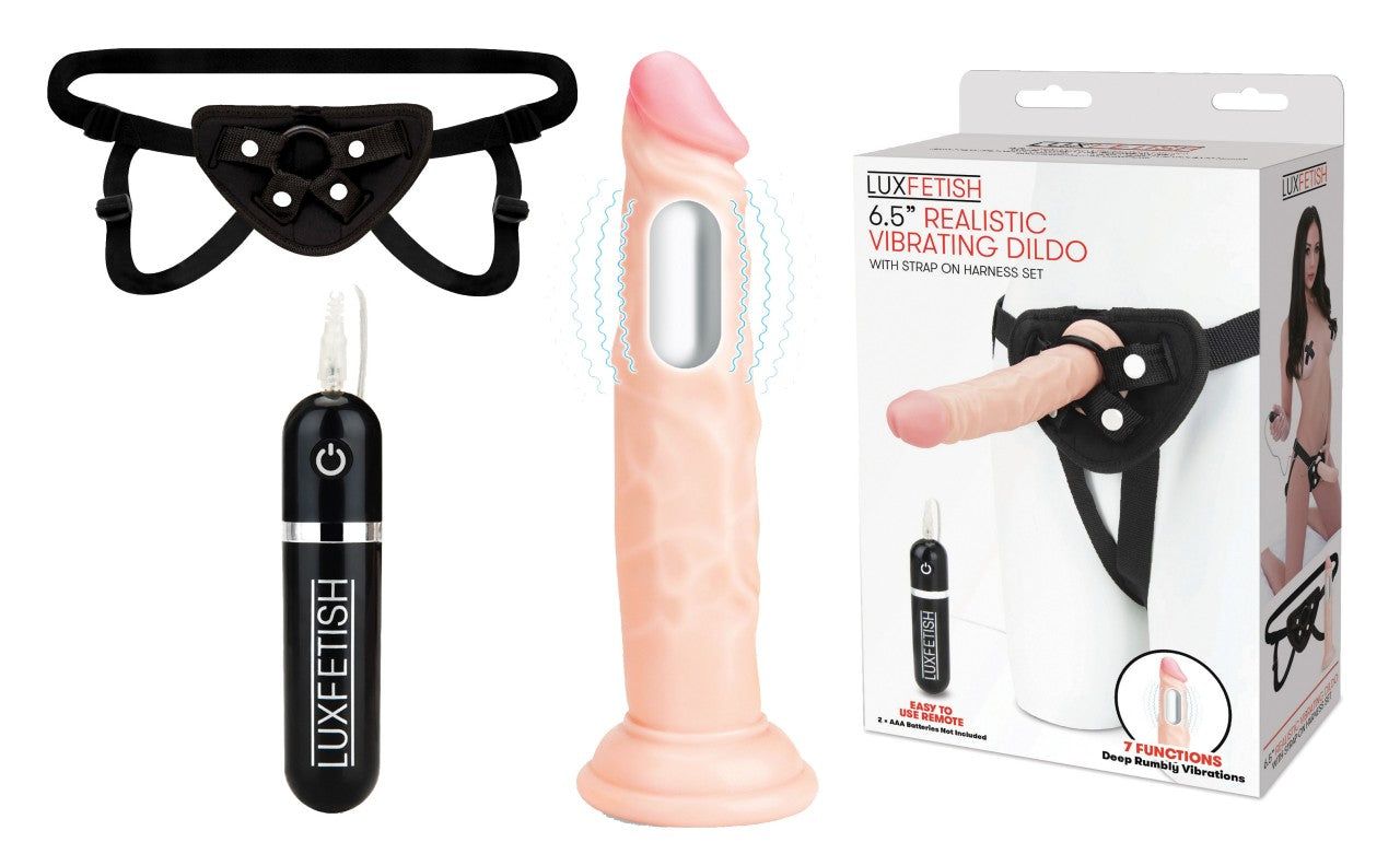 LUX FETISH 6.5" Realistic Vibrating Dildo & Strap-on Harness Set