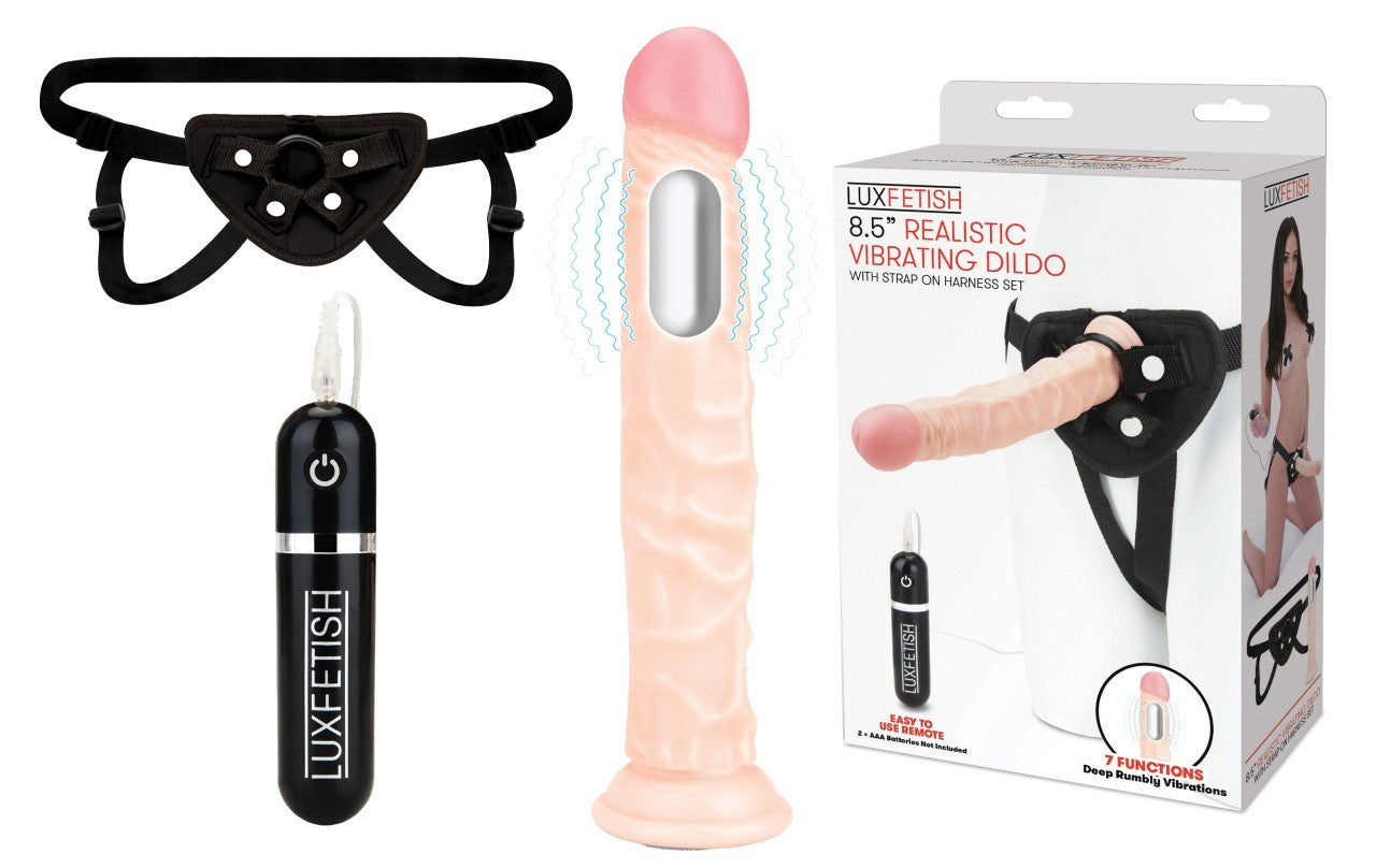 LUX FETISH 8.5" Realistic Vibrating Dildo & Strap-on Harness Set