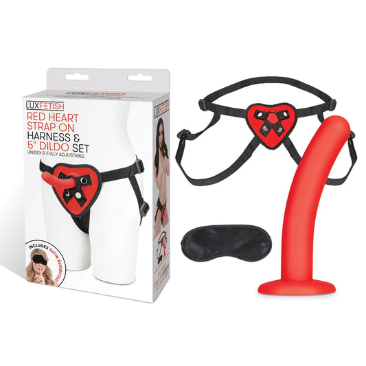 LUX FETISH Red Heart Strap on Harness & 5" Dildo Set